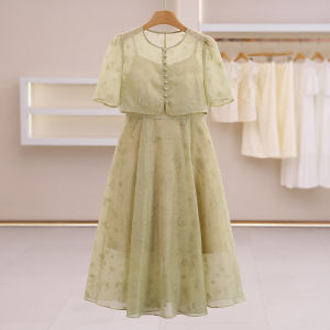 Embroidery Button Slim Fit Two-piece Dress