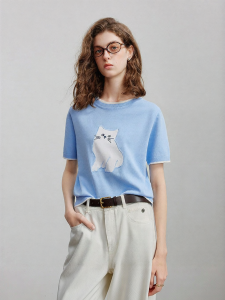 Toyouth | Áo Len Mèo Jacquard Tô Màu Đối Lập Tay Ngắn