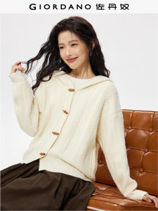 Giordano Long Sleeve Knitted Sweater Womens College Style Twisted Flower Button Loose Hoodie Knitted Open Cardigan Soft Polyester Nylon Blend