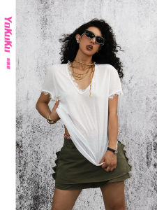 Áo Thun Nữ Cổ Chữ V Ren Tay Ngắn Dáng Rộng Mùa Hè Thời Trang Đơn Giản Thoải Mái Thoáng Khí Chất Liệu Polyester Cotton