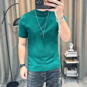 Mens Pure Color Short Sleeve Knitwear Half High Collar Base Shirt Autumn Winter Half Sleeve Inner Wear Top Youth Fashion