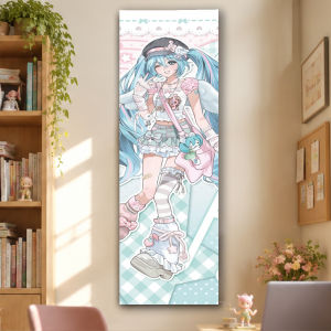 Bandai | Hatsune Miku Turquoise Twin Tails Street Lolita Outfit Mint Checkerboard Background Long Vertical Anime Tapestry Otaku Room Deco