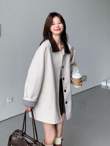 Loose Casual Womens Windbreaker Coat Polo Collar Color Block Polyester Fiber 2025 Autumn New Style Korean Retro Style