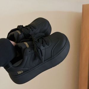 Womens Casual Sport Shoes Fashionable All-Match Black Flat Heel round Toe PU Leather Amagin Shoes Spring Autumn Seasonal Wear