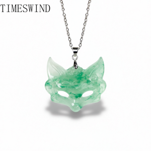 TIMESWIND Natural Original African Jade Light Green Fox Mask Pendant for Women Titanium Steel Necklace Gift with Certificate