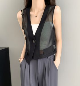 Summer Short Mesh Vest Womens Style 2025 Irregular Design Casual V-neck Thin Backless Tank Top Polyester Fiber Pure Color