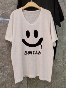 เสื้อยืดแขนสั้นผ้าฝ้ายลายไผ่หลวมๆ สำหรับผู้หญิงในช่วงฤดูร้อนปี 2025 เสื้อตัวบนทรงหลวมๆ ปกปิดหน้าท้อง ทรงหลวมๆ สำหรับผู้หญิงไซส์ใหญ่