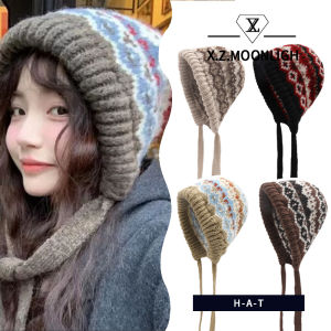 X.z.moonligh หมวกขนสัตว์ตุ๊กตาอบอุ่นกระเป๋าสไตล์เกาหลี Topi Pelindung Telinga คู่หมวกถักฤดูหนาวอเนกประสงค์