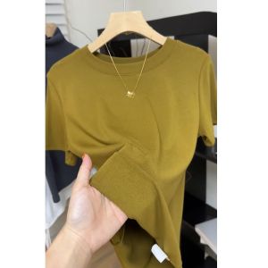 Áo Thun Nữ Cổ Tròn Tay Ngắn Màu Xanh Lá Cây Co Giãn Thời Trang Giảm Tuổi Tác Sành Điệu Mùa Hè 2024 Áo Thun Cơ Bản