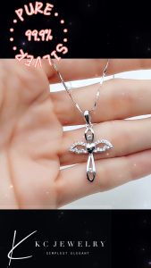 KC Jewelry S999 - White Gold Plated Diamond Wings Cross Pendant