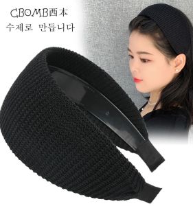 Anti-Slip Knitted Wide Edge Hairband with Teeth Vintage Solid Color Flat Pressed Hairband Elegant Popular Hair Clip