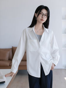 White Long Sleeve Shirt Womens Loose Fit Anti-Wrinkle Korean Style Commute Cotton Polyester Blend Button up Polo Neck