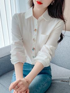  Artistic Embroidered Pure Cotton Womens Shirt Single Button Commute Versatile Top for Autumn 2025 New Arrival Straight Cut Long Sleeve
