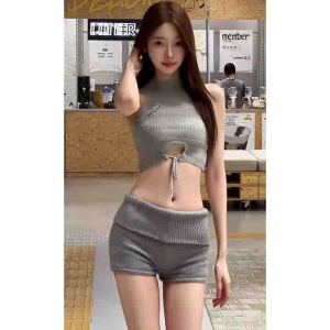 Low Waist Knitted Short Pants Womens Casual Bottoms Tight Fit Spring Autumn Pure Color Street Style Straight Leg Trousers