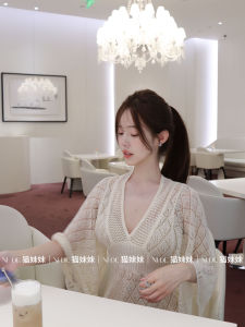 Elegant V-Neck Hollow out Knitwear Loose Bell Sleeve Top for Women Gentle Style Polyester Fiber Sleeve Length Seven Inches