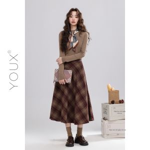 YOUXIANG | Chân Váy Caro Nâu Tweed Phong Cách Học Đường Cổ Điển