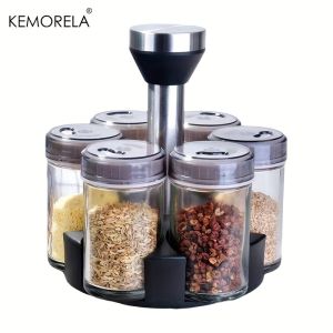KEMORELA 360° Rotating Spice Bottle Set Glass Seasoning Storage Rack for Salt Sugar Pepper Kitchen Organizer