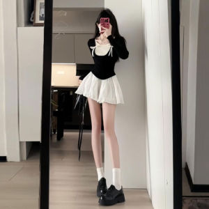 Bộ hai mảnh CHANGTONG áo dài tay váy ngắn phong cách Hàn Quốc thời trang đầu xuân