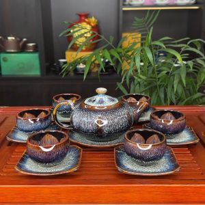 Bộ Ấm Chén Lục Năng Lông Thỏ - Bộ Ấm Lục Giác Tím - Bộ Ấm Trà Men Hoả Biến Bát Tràng Cao Cấp