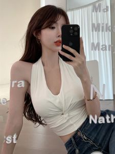 GUZILIAN | Sweet And Spicy Womens Sleeveless Vest Outerwear Neck Hanging Short Top Summer Fashion Design Commuter Style Korean Version Slim Fit