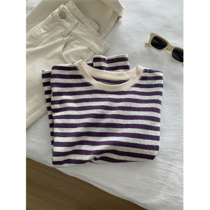 เสื้อยืดผู้หญิงจากไผ่และฝ้ายที่มีลายทางสีบล็อกสําหรับฤดูร้อน สไตล์บาง คอกลม ยาวถึงไหล่ มีแขนสั้นและชั้นฐานที่หลากหลายในการลดน้ําหนัก