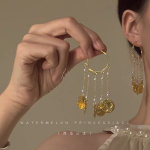 ต่างหูรูปวงกลมประดับลูกไม้สไตล์เกาหลีสำหรับผู้หญิง เครื่องประดับแฟชั่นสุดหรู ลวดลายเรขาคณิต สีทอง ต่างหูแบบห้อย