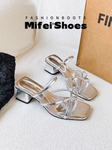 MIFEI | French Bow Accent Coarse Heel Women Sandals Silver