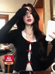 เสื้อคาร์ดิแกนถักสีดำ ทรงสลิมฟิต แขนยาว สำหรับผู้หญิง แฟชั่นฤดูใบไม้ร่วง/ฤดูหนาว 2025 ใหม่ เสื้อชั้นในผู้หญิง