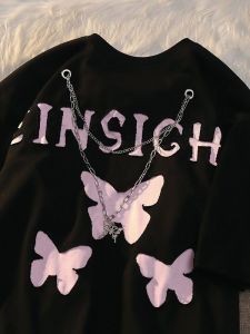 เสื้อยืดแขนสั้นผู้หญิงทรงหลวมสไตล์ฮิปฮอป ปักลายผีเสื้อ คอตั้ง แขนสั้น ทรงหลวม หวาน น่ารัก สำหรับคู่รัก