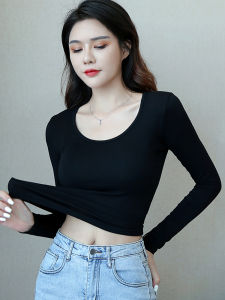 Elastic Cotton Long Sleeve T-Shirt Womens Base Shirt Slim Fit Inner Wear Pink White Fashionable Inner Wear Fleece Upper Body Large round Neck