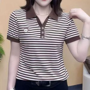 HUAXUNRAN | Summer Stripe Polo Collar Loose Fit Womens T-shirt