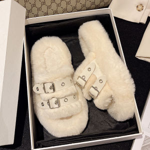 Autumn and winter indoor home thick-bottomed fluffy slippers womens muffin bottom belt buckle one-word drag H260617