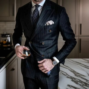 Stripe Formal Men Suits Double Breasted Blazer Business Groom Tuxedo Peak Design Slim Fit 2 Pcs Fashion Suit Jacket + Pant