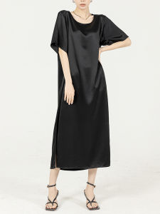 Silk Loose Fit Little Black Dress Summer Street Style Pure Color Three Acetate Fiber H-Line Midi Dress for plus Size Women