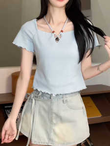 Choker Neck Short Sleeve T-Shirt Women Summer plus Size Stylish Shirt Korean Style Slim Fit Creative Pattern Casual Wear