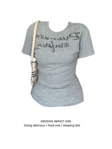 Hot Girl Letter Print Short Sleeve T-Shirt Womens Slim Fit American Retro Shoulder Top Trendy Summer New Style Cool Feeling