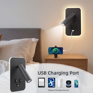 Bedside Wall Lamp with Switch and USB Port Wall Mounted Reading Spot Lights Bedroom Wall Sconce Rotatable Led Wall Light Cabinet