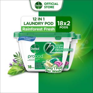 [VALUE BUNDLE] Dettol All in One Laundry Detergent Capsules 36s (18x2) Pods Rainforest Fresh Powerful Laundry Detergent Capsules with Stain Remover for Clothes (Bundle of 2)