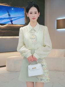 New Chinese Style Set Dress Womens Spring Autumn New Embroidery Button Shirt Half Skirt Two Piece Set High Waist Midi Skirt