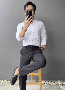 Bonne.Chance เสื้อเชิ้ตชาย แขนสั้น แขนยาว เสื้อเชิ้ตคอจีน - สีน้ําตาล