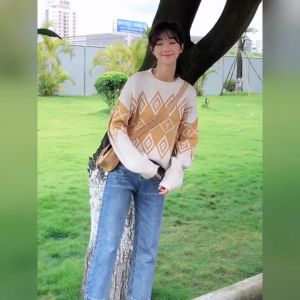 Hàng QC - Áo Len Nữ Cổ Tròn Tay Dài Họa Tiết Màu Vàng Kiểu Hàn Quốc Siêu Xinh