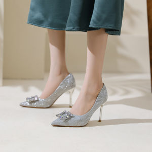 Spring 2025 French Style Wedding Shoes Sparkling Pointed Toe High Heels Bride Maids Dress Shoes Glitter Leather Korean Style