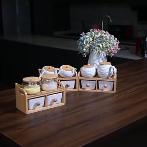 Tempat Penyimpanan Bumbu 4in1 Set Dapur Kaca Keramik Dengan Stand Kayu Dan Sendok Wadah Bumbu Kayu Estetik Alat Masak Fungsional - Lazada