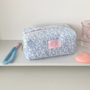 Korean Leopard Print Fashion Winter Plush Pencil Case Student Large Capacity Desktop Storage Stationery Pen Box Girl Makeup Bag