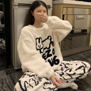 Thickened Coral Fleece Womens Sleepwear Winter Warm Home Clothes Set Long Sleeve round Neck Home Comfortable Polyester Fiber