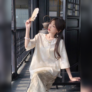 YUFUQING | New Chinese Style Retro Round Neck Mid Sleeve Asymmetrical Shirt Women Summer Loose Fashionable Young-looking Top