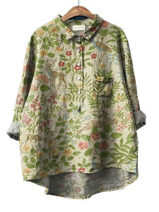 Retro Large Size Button up Long Sleeve Loose Fit Casual mid Length Shirt Fruit Plant Motif Comfortable Spring Summer Cotton Polyester Blend