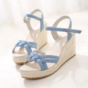 Summer 2025 Fresh Style Womens Sandals Straw Weaving Cowhide Thin Strap Wedge Heel Waterproof Platform Casual Fashion Shoes