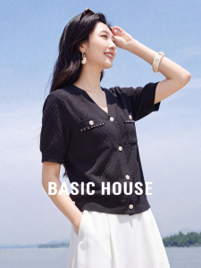 Basic House | Black Ice Silk Lightweight Short Sleeve V-neck Knit Blouse