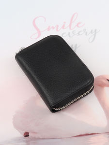 Business Leather Card Holder Multi-Functional Mini Soft Leather Business Card Case Litchi Pattern Top Layer Cowhide Anti-Magnetic Black Leather Card